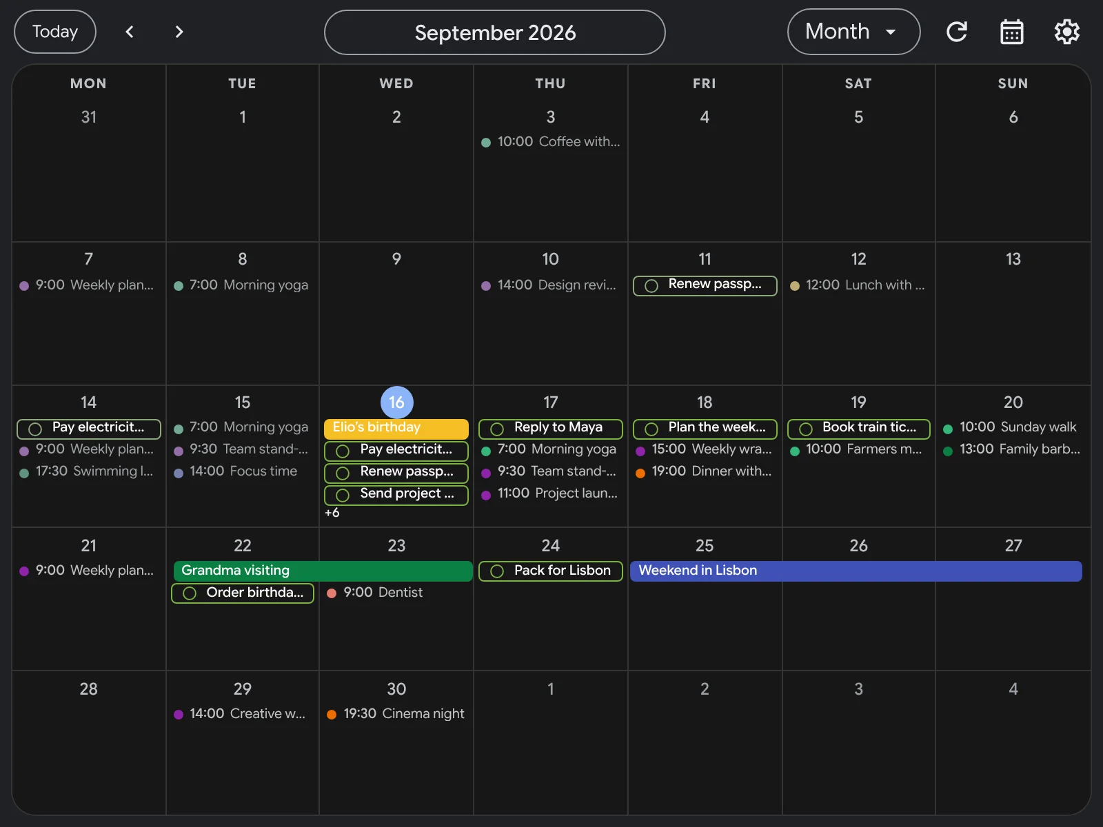 Month view in the dark theme (sample data)