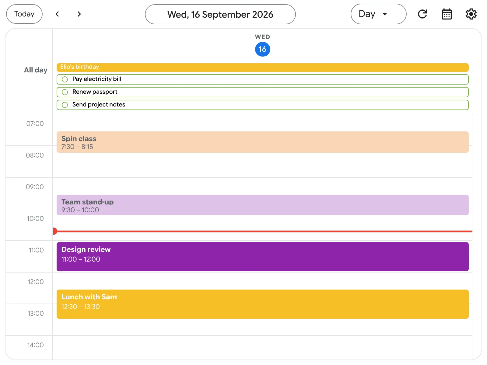 Day view for Wednesday 16 September with overdue tasks at the top (sample data)