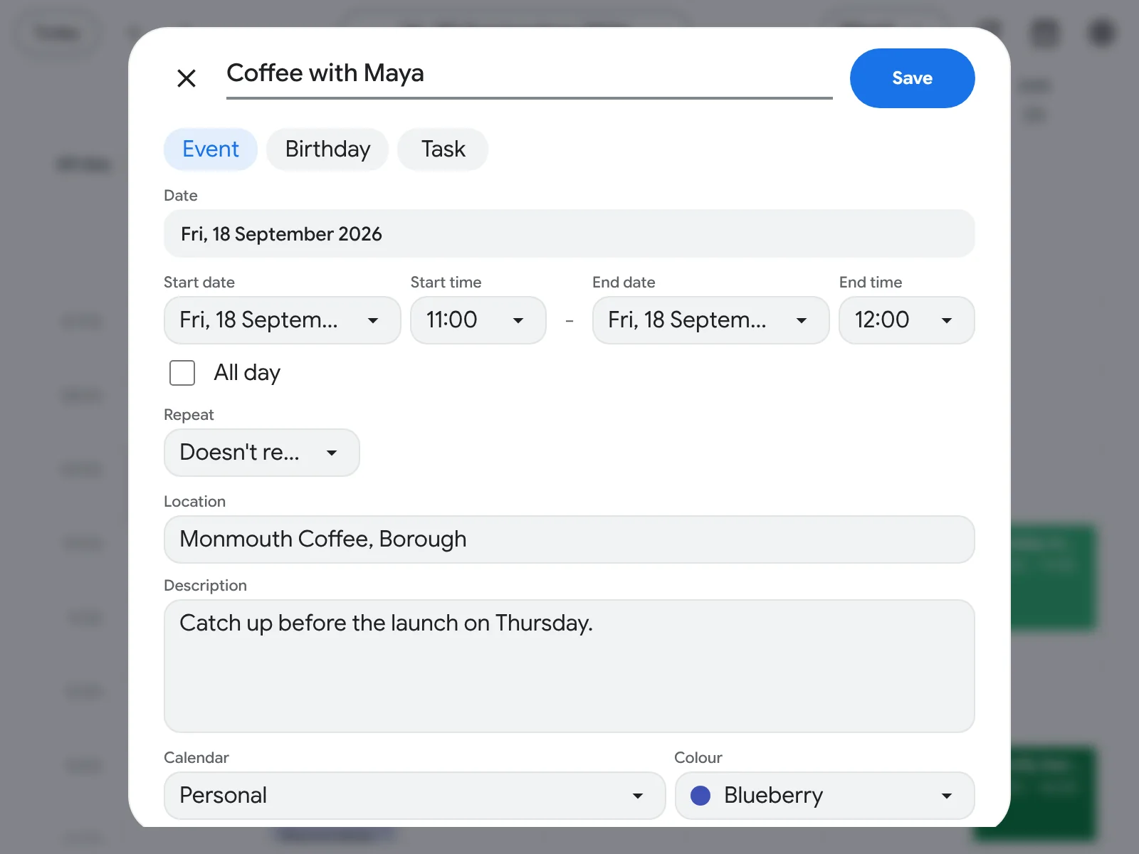 Event editor creating Coffee with Maya on Friday 18 September from 11:00 to 12:00 (sample data)