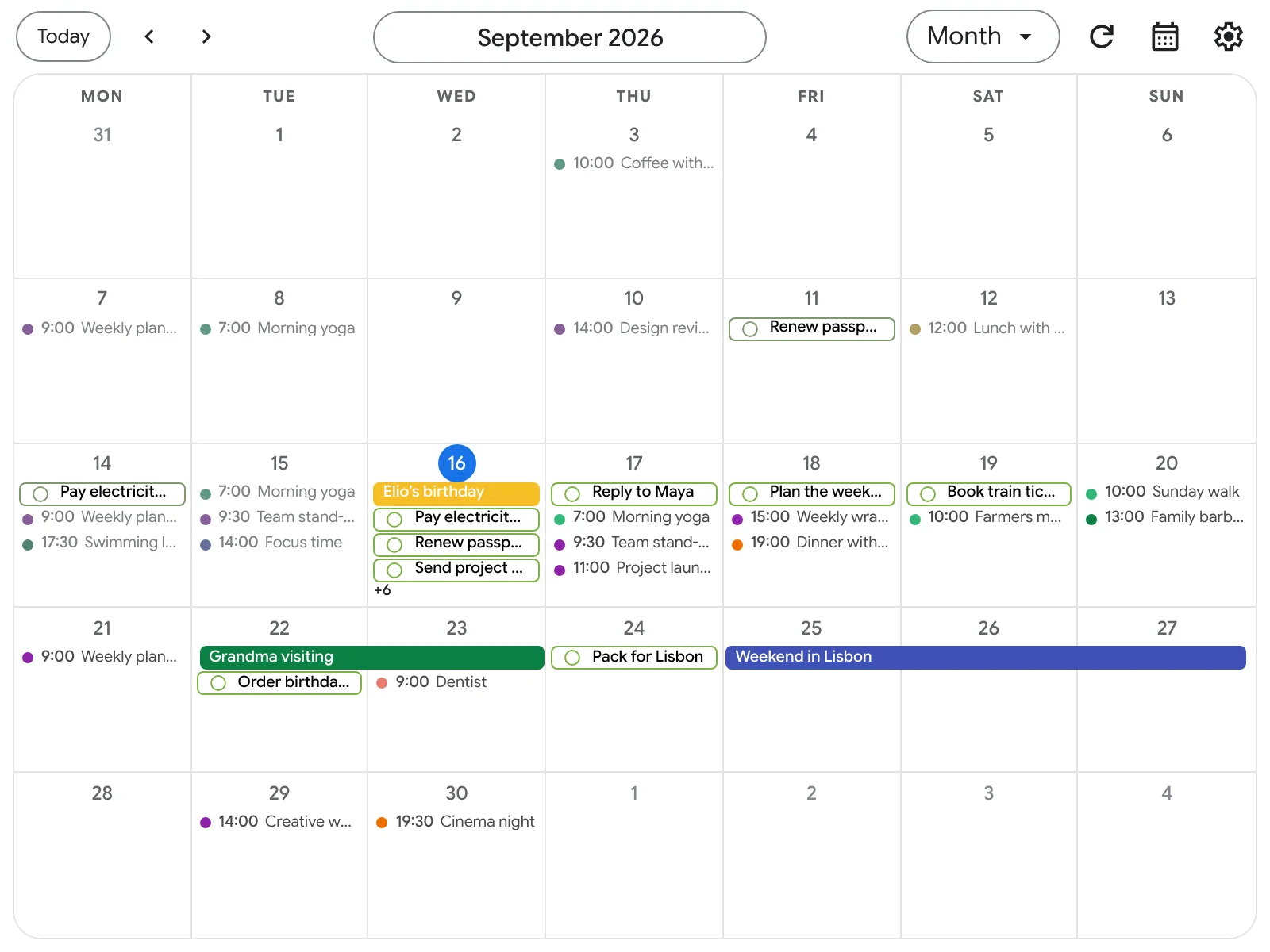 Month view of September with events and tasks on the same days (sample data)